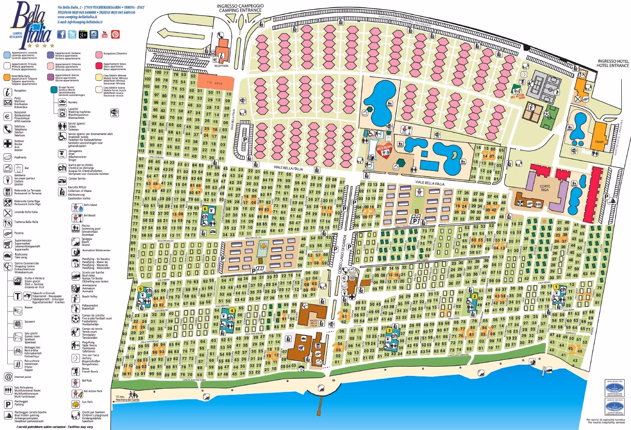 Terreinkaart van Camping Bella Italia met de ligging van het aquapark, de accommodaties en de voorzieningen