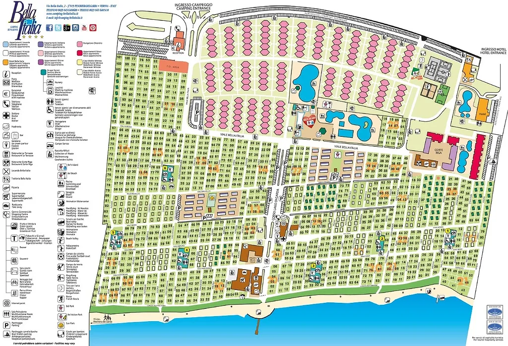 Plattegrond van Camping Bella Italia in Peschiera del Garda met accommodaties, aquapark en voorzieningen