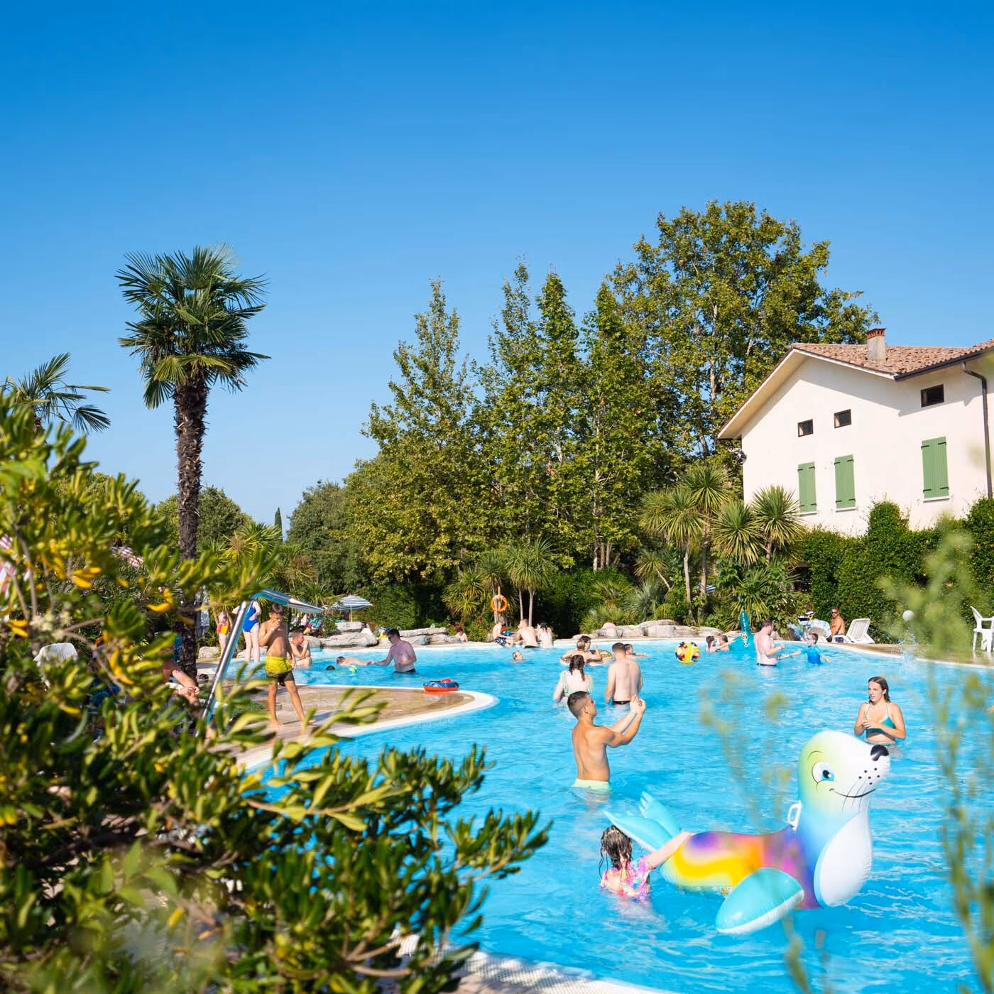 Gasten in een ruim zwembad tussen palmbomen op Camping Bella Italia aan het Gardameer